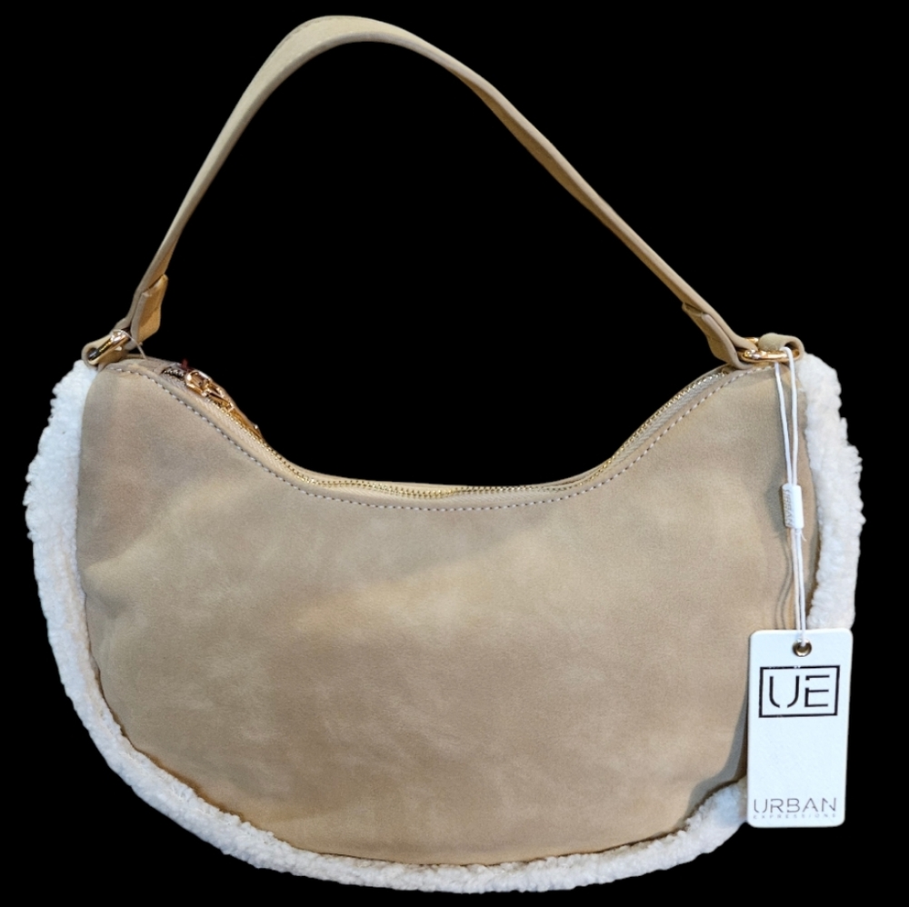 NWT URBAN EXPRESSIONS  Cream  Faux Shearling White Trim Hobo‎  Bag